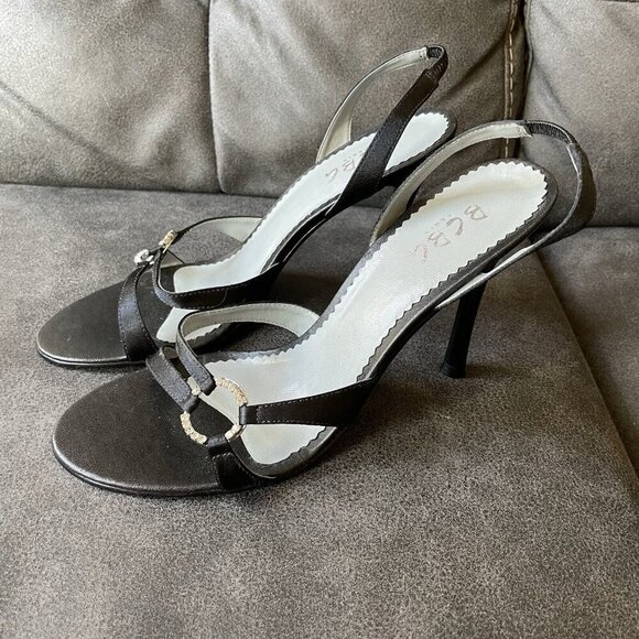 Y2K BCBG Satin Black Leather Rhinestone Slingback Heels Women’s‎ 8.5 vintage - Picture 3 of 14
